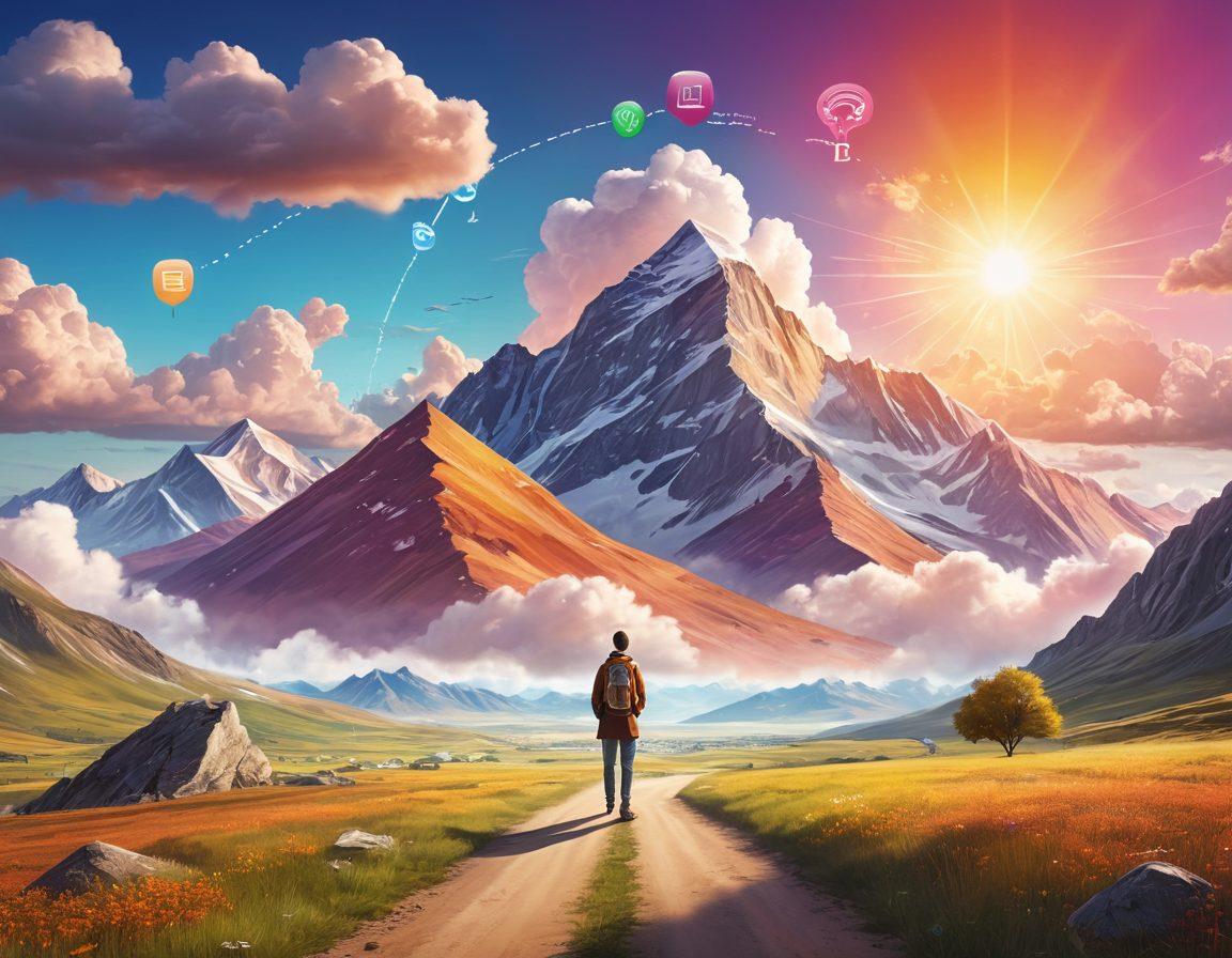 A serene landscape depicting a person standing at the crossroads between a mountain labeled 'Debt' and a path leading to the sun labeled 'Financial Freedom'. The individual holds a map symbolizing planning and strategy, with credit score icons floating around them. The sky is bright and hopeful, symbolizing possibilities. The scene is vibrant and inspirational. vivid colors. digital illustration.