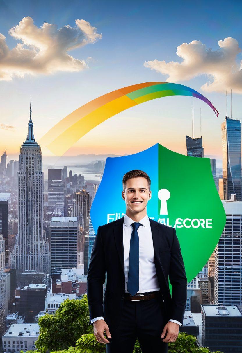 A confident individual holding a giant key labeled 'Financial Future' in one hand, and a shield representing credit score protection in the other. In the background, a vibrant city skyline symbolizes growth and opportunity, with green plants emerging as a sign of financial health. Include a glowing graph showing increasing credit scores and decreasing debt levels. super-realistic. vibrant colors. white background.