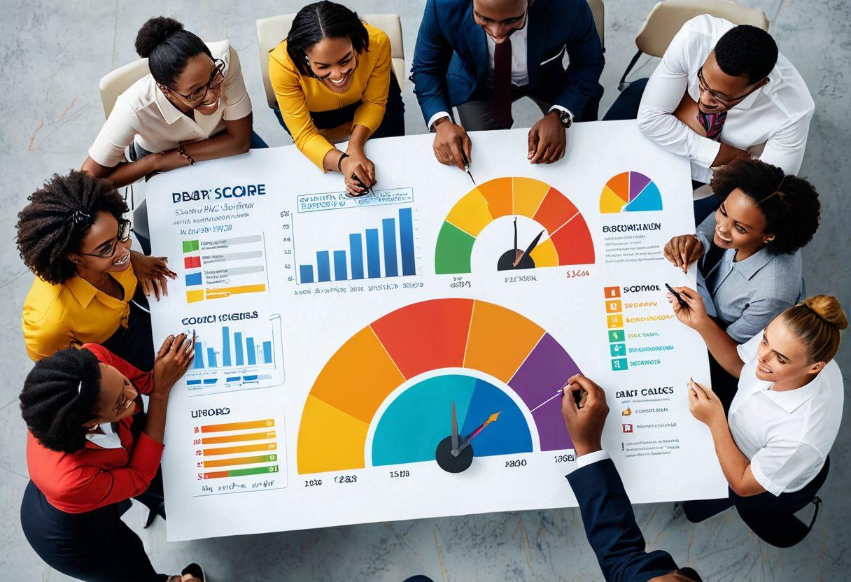 A visually engaging infographic showcasing a diverse group of people happily studying a large credit score scale, with debt control tools like calculators and budgeting sheets around them. Illustrate concepts like financial growth using upward arrows and lightbulbs symbolizing knowledge. Include vibrant colors and modern design elements that convey a sense of empowerment and clarity. super-realistic. vibrant colors. infographic style.